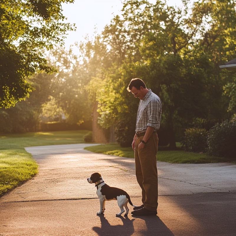 man and dog in a driveway