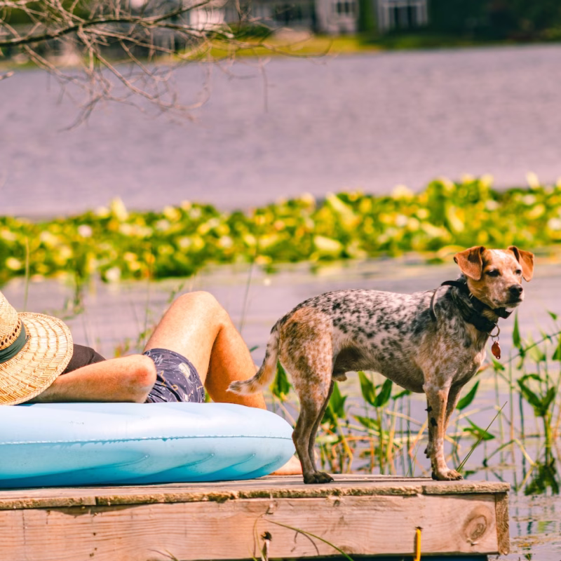 man laying on a float by the lake with his dog
