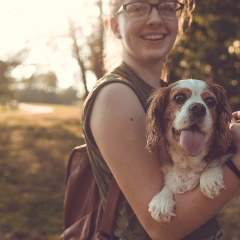 young woman with glasses holding a spaniel dog.