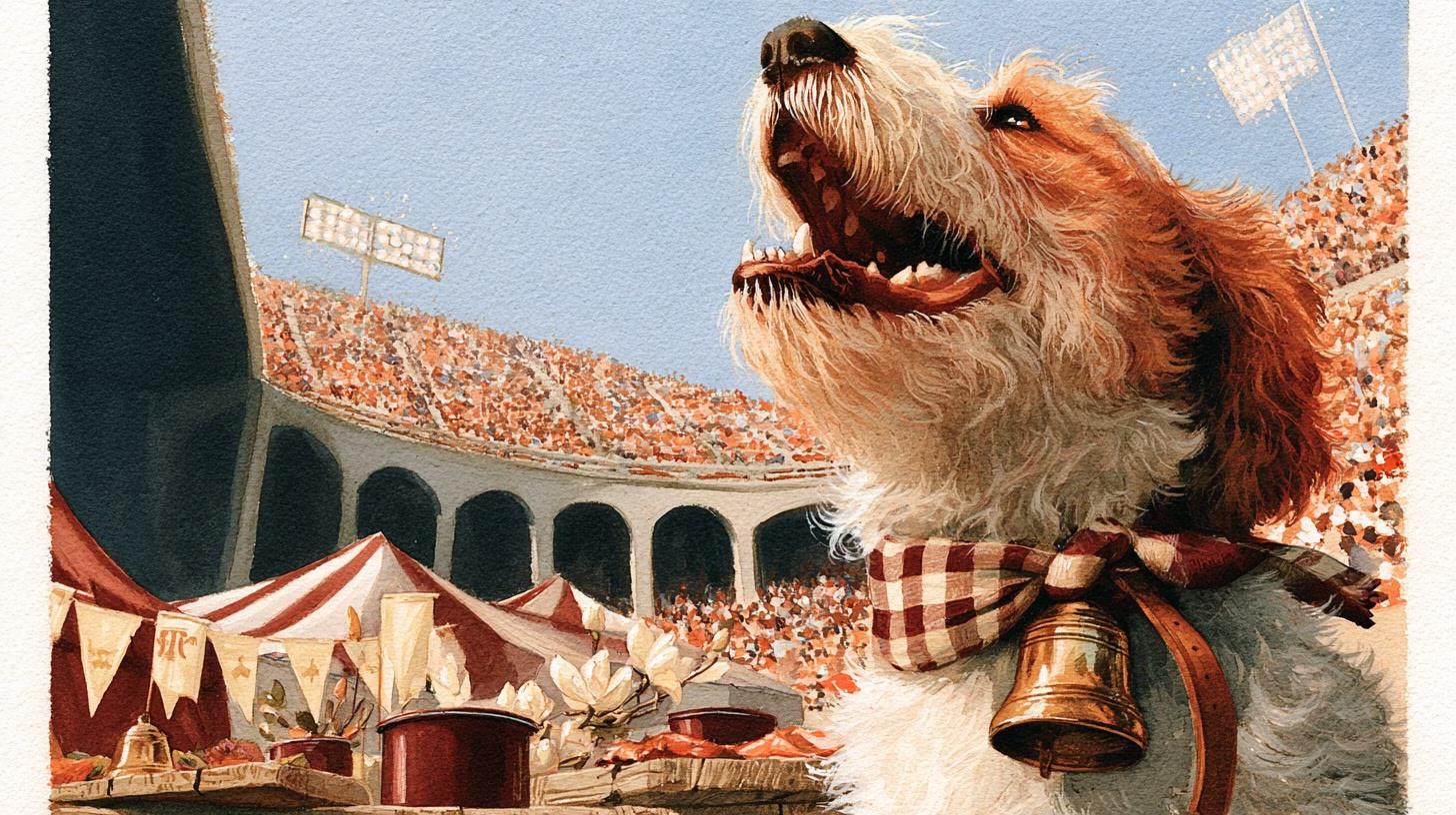 scruffy dog with cowbell and red and white checkered bandana in front of mississippi state stadium. red and white striped tents in background