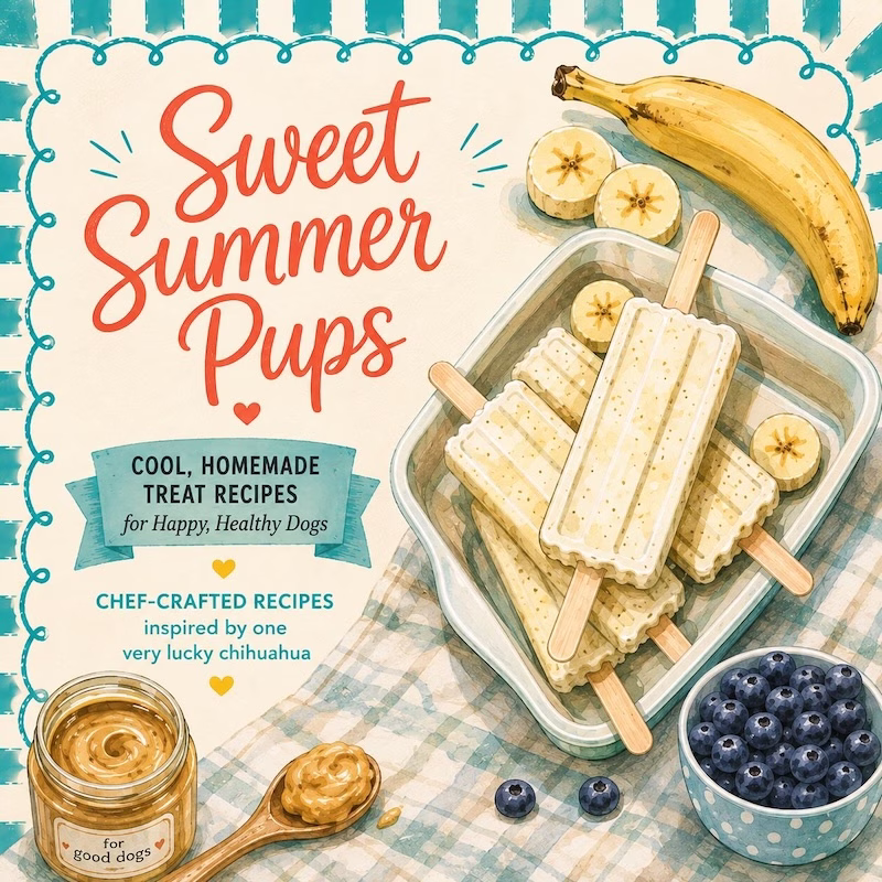 Illustrated cover for “Sweet Summer Pups,” featuring homemade banana yogurt dog treats, bananas and peanut butter in a playful teal, coral and cream summer design.