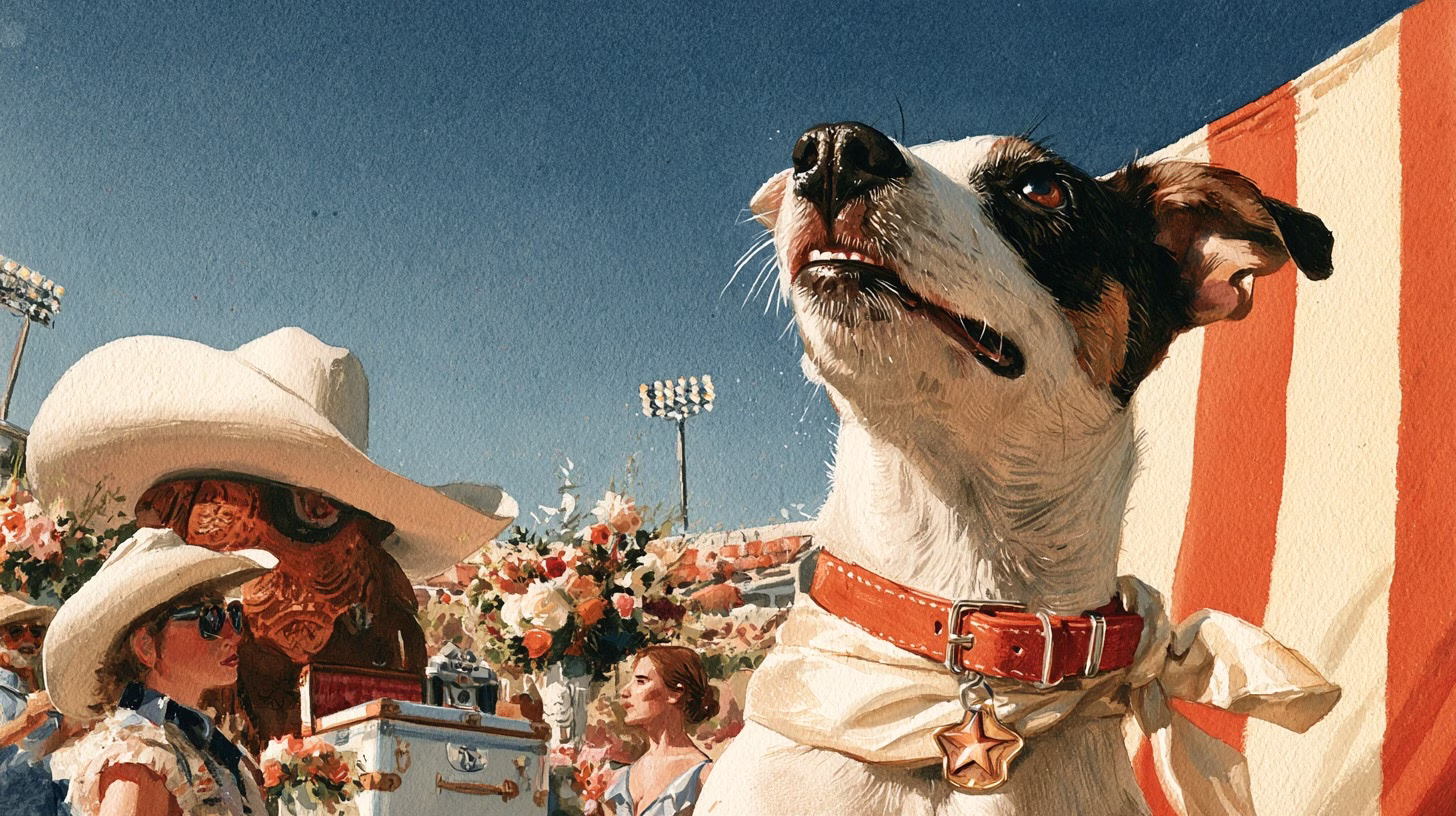 happy dog wearing burnt orange collar and state of texas star collar. burnt orange and white stripes in background with stadium lights