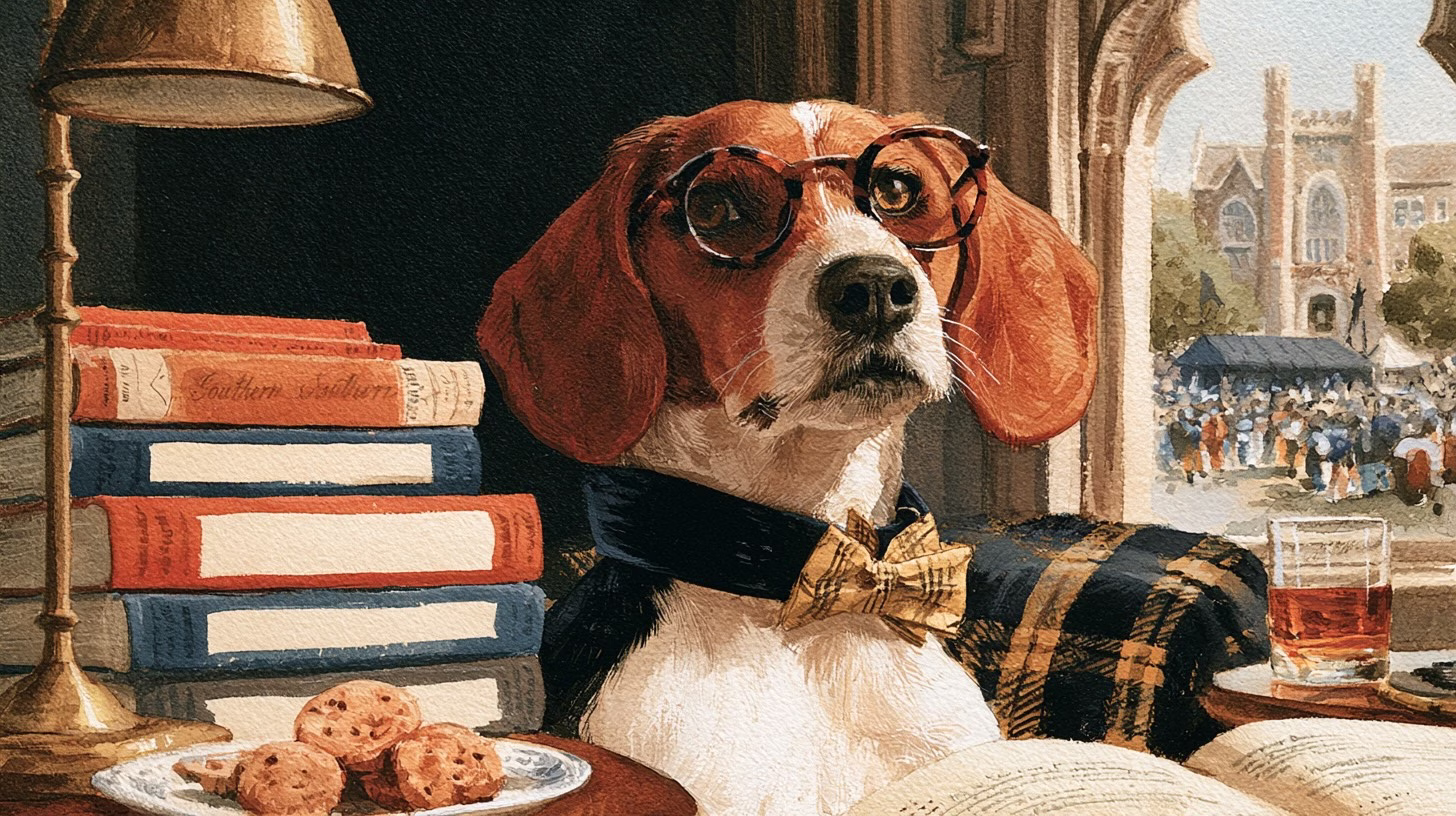 beagle wearing tortoiseshell glasses and a gold and black bowtie in front of Vanderbilt university. Books and cookies on side table.