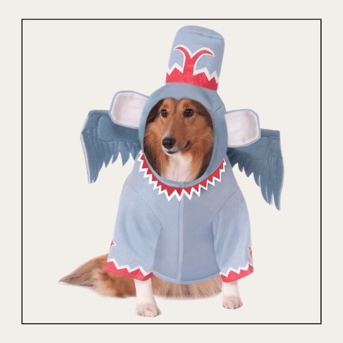 brown fluffy dog wearing a flying monkey costume