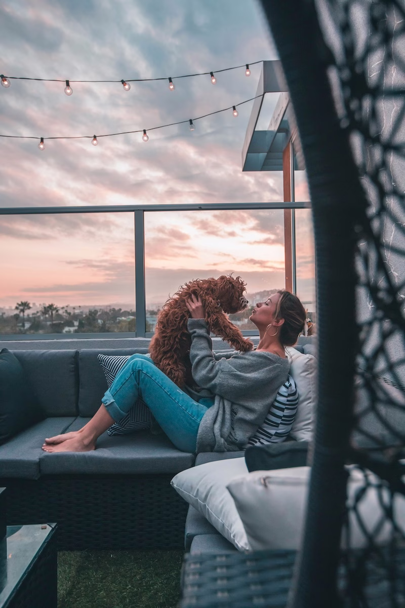 brown doodle dog and young woman sitting on rooftop in early evening