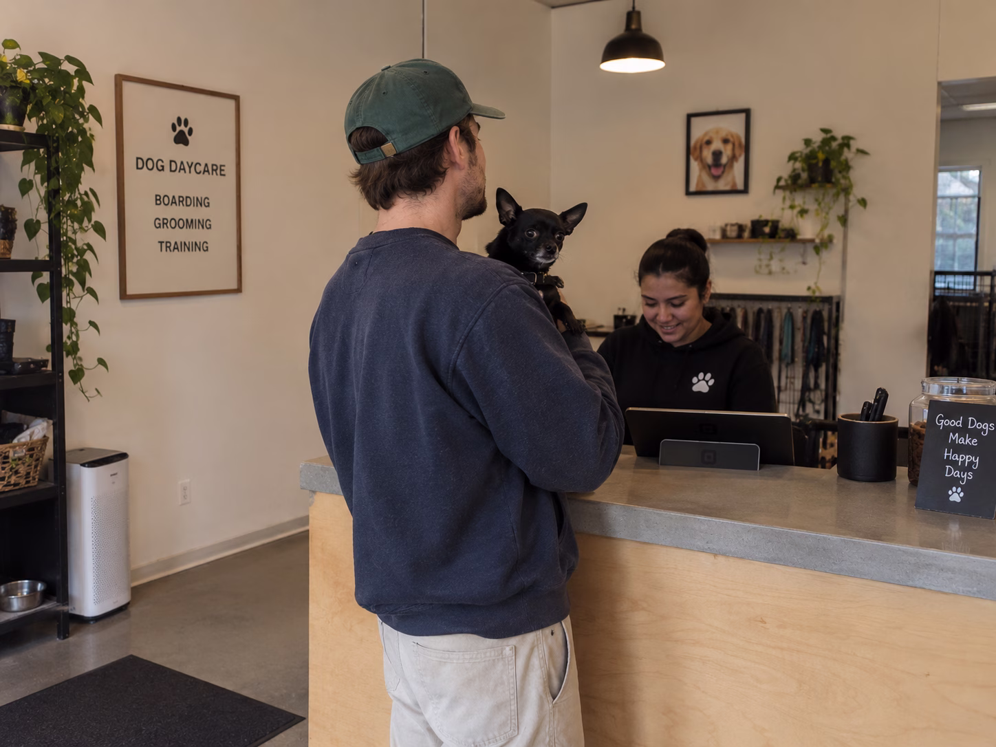 man in a sweater holding a black chihuahua at the front desk of a doggy daycare