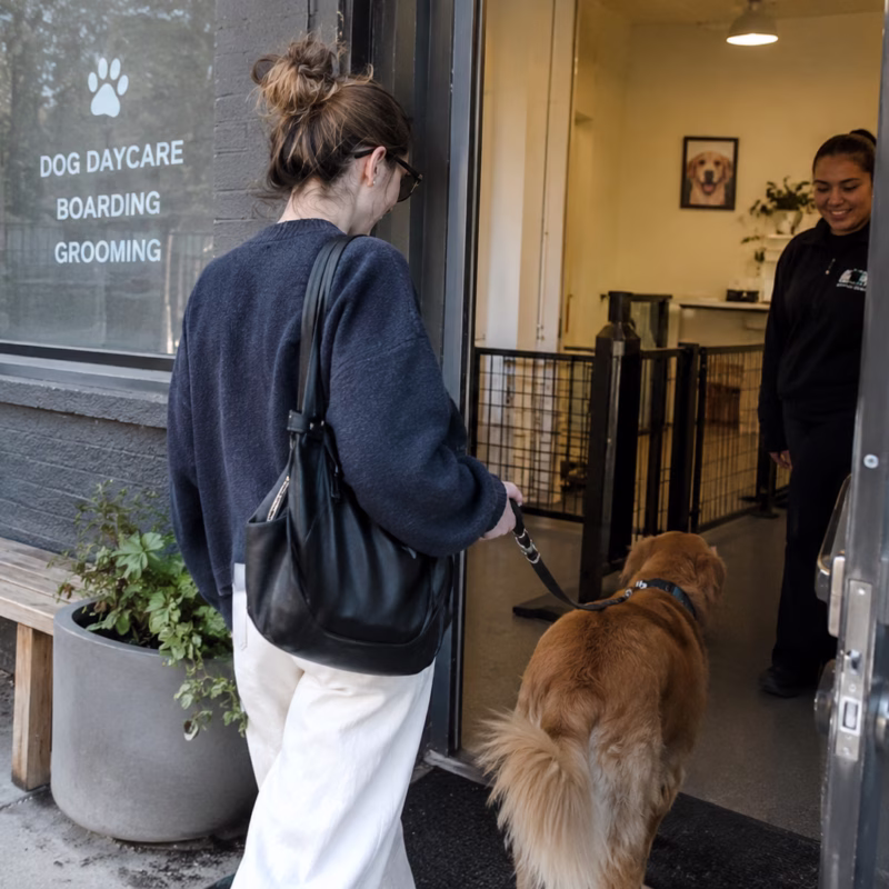 woman in blue sweater dropping off her golden retriever at daycare