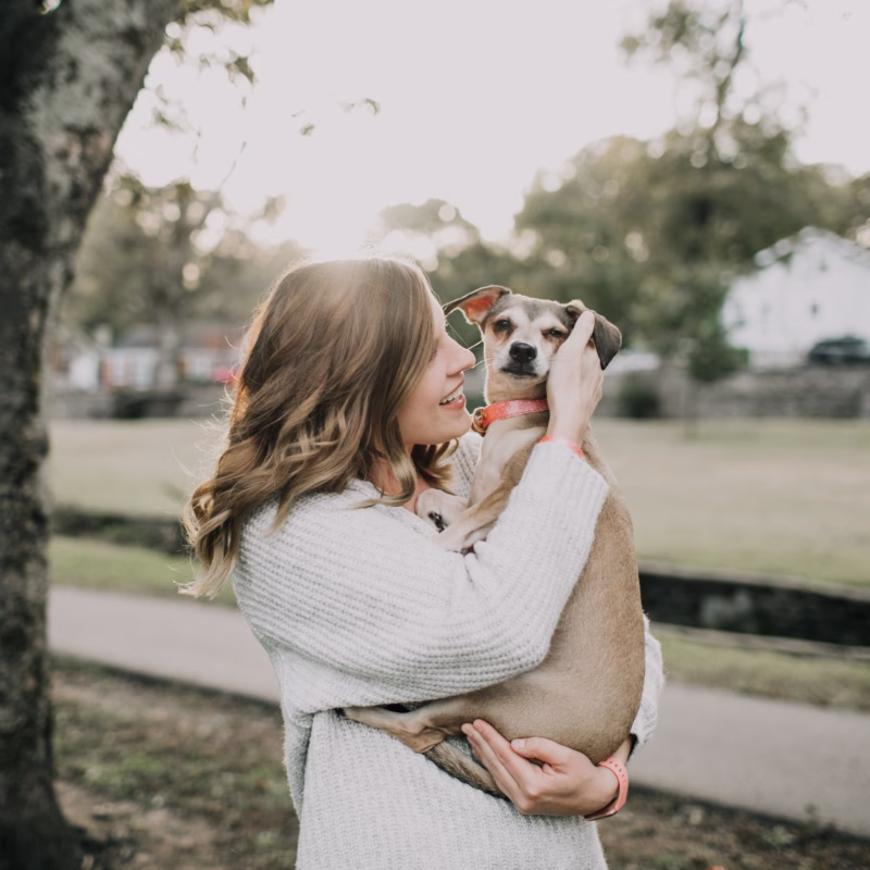 woman wearing white sweater holding elderly dog outside