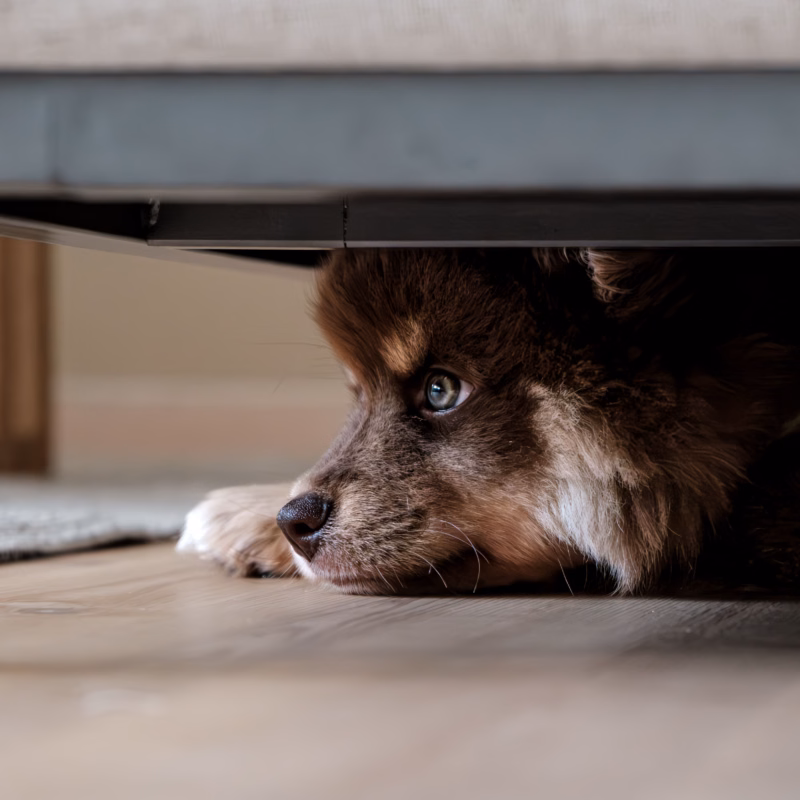 small brown dog hiding under furniture